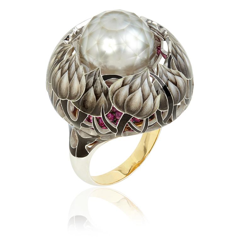 llgiz F collection for Annoushka combines extraordinary faceted pearls and exquisite enamel in designs inspired by nature and depicted in intricate detail. The Burdock ring features enamel painted flowers which climb up a ruby-covered base towards the cen